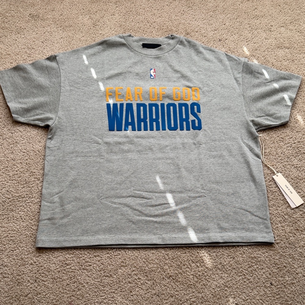 Fear of God Gray T-Shirt with Blue and Yellow Print